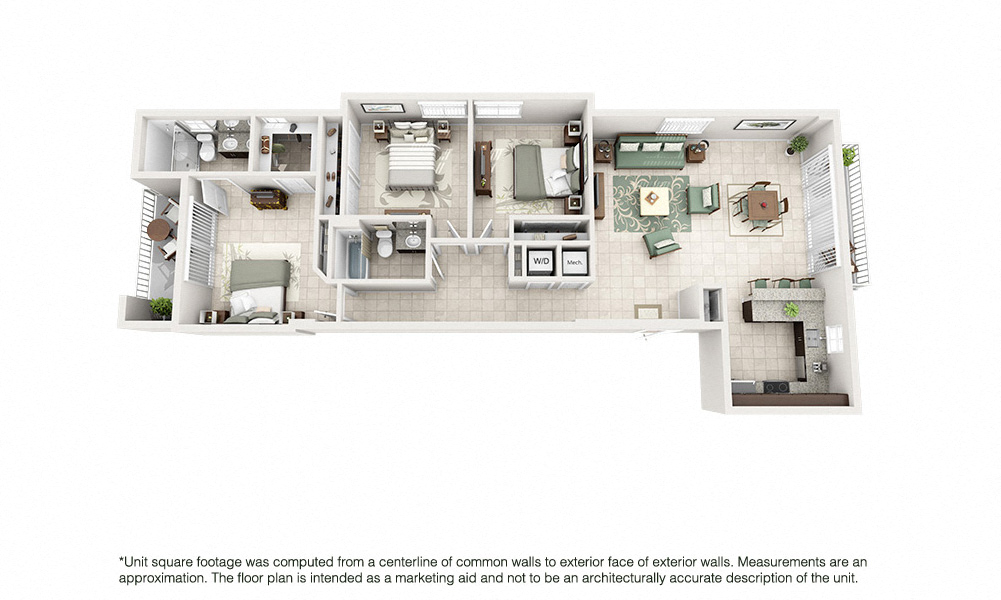 Floor plan for 3 beds, 2 baths, 1439 sqft